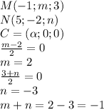 M(-1;m;3) 
\\\
N(5;-2;n)
\\\
C=( \alpha ; 0; 0)
\\\
 \frac{m-2}{2}=0
\\\
m=2
 \\\
 \frac{3+n}{2}=0
\\\
n=-3
\\\
m+n=2-3=-1