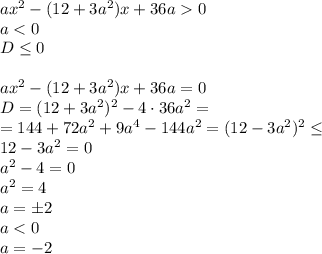 ax^2 - (12 + 3a^2)x + 36a 0 \\\ a<0 \\\ D \leq 0 \\\\ ax^2 - (12 + 3a^2)x + 36a = 0 \\\ D=(12 + 3a^2)^2-4\cdot36a^2= \\\ =144+72a^2+9a^4-144a^2=(12-3a^2)^2 \leq 
\\\
12-3a^2=0
\\\
a^2-4=0
\\\
a^2=4
\\\
a=\pm2
\\\
a<0
\\\
a=-2