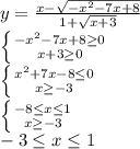 y= \frac{x- \sqrt{-x^{2}-7x+8 } }{1+ \sqrt{x+3} } 
\\\
 \left \{ {{-x^{2}-7x+8 \geq 0} \atop {x+3 \geq 0}} \right. 
\\\
 \left \{ {{x^2+7x-8 \leq 0} \atop {x \geq -3}} \right. 
\\\
 \left \{ {{-8 \leq x \leq 1} \atop {x \geq -3}} \right. 
\\\
-3 \leq x \leq 1