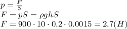 p= \frac{F}{S}
 \\\
F=pS=\rho ghS
\\\
F=900\cdot10\cdot0.2\cdot0.0015=2.7(H)