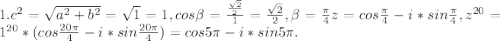 1.c^2= \sqrt{a^2+b^2}= \sqrt{1}=1, cos \beta = \frac{ \frac{ \sqrt{2} }{2} }{1} =\frac{ \sqrt{2} }{2}, \beta = \frac{ \pi }{4} 
z=cos \frac{ \pi }{4} -i*sin \frac{ \pi }{4} , 
 z^{20} = 1^{20}* (cos \frac{ 20\pi }{4} -i*sin \frac{ 20\pi }{4} )=cos5 \pi -i*sin 5 \pi.