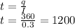 t= \frac{q}{I} 
\\\
t= \frac{360}{0.3} =1200