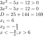 3x^2 - 5x - 12 0 
\\\
3x^2 - 5x - 12 = 0 
\\\
D=25+144=169
\\\
x_1=6
\\\
x_2=- \frac{8}{3} 
\\\
x<- \frac{8}{3} ; x6