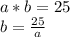 a*b=25\\ b=\frac{25}{a}