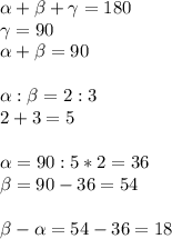 \alpha + \beta +\gamma=180\\\gamma=90\\ \alpha + \beta =90\\\\ \alpha : \beta =2:3\\2+3=5\\\\ \alpha =90:5*2=36\\ \beta =90-36=54\\\\ \beta - \alpha =54-36=18

