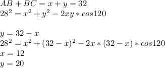 AB+BC=x+y=32\\
28^2 = x^2+y^2-2xy*cos120\\
\\
y=32-x\\
28^2=x^2+(32-x)^2-2x*(32-x)*cos120\\
x=12\\
y=20\\
