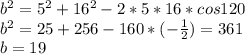 b^2=5^2+16^2-2*5*16*cos120\\
b^2=25+256- 160*(- \frac{1}{2} )=361\\
b=19