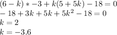 (6-k)*-3+k(5+5k)-18=0\\
-18+3k+5k+5k^2-18=0\\
k=2\\
k=-3.6