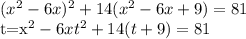 (x^{2}-6x)^{2}+14(x^{2}-6x+9)=81

 t=x^{2}-6x
 t^{2}+14(t+9)=81
