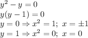 y^2-y=0
\\\
y(y-1)=0
\\\
y=0\Rightarrow x^2=1; \ x=\pm1
\\\
y=1\Rightarrow x^2=0; \ x=0