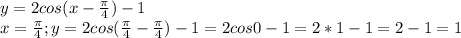 y=2cos(x- \frac{ \pi }{4} )-1\\
x= \frac{ \pi }{4} ;y=2cos( \frac{ \pi }{4}- \frac{ \pi }{4})-1=2cos0-1=2*1-1=2-1=1