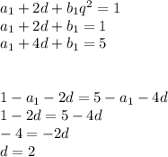 a_{1}+2d+b_{1}q^2=1\\
a_{1}+2d+b_{1}=1\\
a_{1}+4d+b_{1}=5\\
\\
\\
1-a_{1}-2d=5-a_{1}-4d\\
1-2d=5-4d\\
-4=-2d\\
d=2