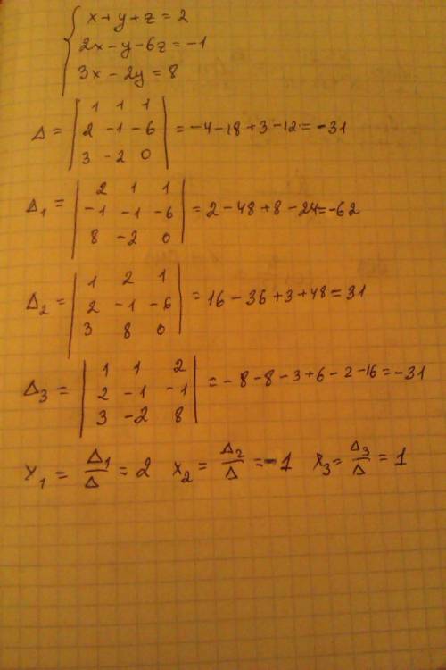 X+y+z=2 2x-y-6z=-1 3x-2y=8 уравнение методом крамера