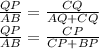 \frac{QP}{AB}=\frac{CQ}{AQ+CQ}\\ \frac{QP}{AB}=\frac{CP}{CP+BP}\\ 