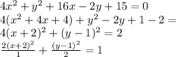 4x^2+y^2+16x-2y+15=0\\
4(x^2+4x+4)+y^2-2y+1-2=\\
4(x+2)^2+(y-1)^2=2\\
\frac{2(x+2)^2}{1}+\frac{(y-1)^2}{2}=1\\

