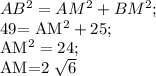 AB^{2} = AM^{2} + BM^{2} ;

49= AM^{2} +25;

 AM^{2} =24;


AM=2 \sqrt{6} 
