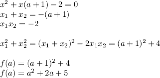 x^2+x(a+1)-2=0\\
x_{1}+x_{2}=-(a+1)\\
x_{1}x_{2}=-2\\
\\
x_{1}^2+x_{2}^2=(x_{1}+x_{2})^2-2x_{1}x_{2}=(a+1)^2+4\\
\\
f(a)=(a+1)^2+4\\
f(a)=a^2+2a+5\\
