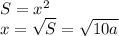 S = x^2 \\ 
x = \sqrt{S} = \sqrt{10a}