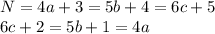 N = 4a+3 = 5b+4 = 6c+5\\
6c+2 = 5b+1 = 4a