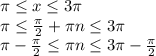 \pi \leq x \leq 3 \pi 

 \pi \leq \frac{ \pi }{2} + \pi n \leq 3 \pi 

 \pi - \frac{ \pi }{2} \leq \pi n \leq 3 \pi - \frac{ \pi }{2}