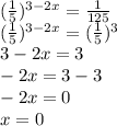 ( \frac{1}{5} )^{3-2x}= \frac{1}{125} \\ 
( \frac{1}{5} )^{3-2x}= (\frac{1}{5})^{3} \\ 
3-2x=3 \\ 
-2x=3-3 \\ 
-2x=0 \\ 
x=0