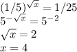 (1/5)^{ \sqrt{x} }=1/25 \\ 5^{- \sqrt{x} }=5^{-2} \\ \sqrt{x}=2 \\ x=4 
