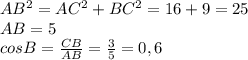AB^2=AC^2+BC^2=16+9=25\\
AB=5\\
cosB= \frac{CB}{AB} = \frac{3}{5} =0,6