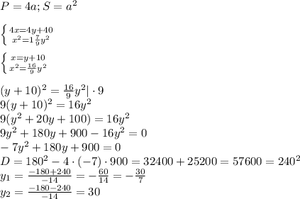 P = 4a; S=a^2\\\\ 
\left \{ {{4x=4y+40} \atop {x^2=1 \frac{7}{9} y^2}} \right. \\\\
\left \{ {{x=y+10} \atop {x^2= \frac{16}{9} y^2}} \right. \\\\
(y+10)^2=\frac{16}{9} y^2 | \cdot 9\\
9(y+10)^2=16 y^2 \\
9(y^2+20y+100)=16y^2\\
9y^2+180y+900-16y^2=0\\
-7y^2+180y+900=0\\
D=180^2-4\cdot(-7)\cdot900=32400+25200=57600=240^2\\
y_1= \frac{-180+240}{-14}= - \frac{60}{14}= -\frac{30}{7} \\
y_2= \frac{-180-240}{-14}= 30 \\