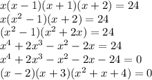 x(x-1)(x+1)(x+2)=24\\
x(x^2-1)(x+2)=24\\
(x^2-1)(x^2+2x)=24\\
x^4+2x^3-x^2-2x=24\\
x^4+2x^3-x^2-2x-24=0\\
(x-2)(x+3)(x^2+x+4)=0