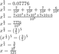 x^{\frac{5}{3}}=0.07776\\
x^{\frac{5}{3}}=\frac{7}{10^2}+\frac{7}{10^3}+\frac{7}{10^4}+\frac{6}{10^5}\\
x^{\frac{5}{3}}=\frac{7*10^3+7*10^2+7*10+6}{10^5}\\
x^{\frac{5}{3}}=\frac{7776}{10^5}\\
x^{\frac{5}{3}}=(\frac{3}{5})^5\\
(x^{\frac{1}{3}})^{5}=(\frac{3}{5})^5\\
x^{\frac{1}{3}}=\frac{3}{5}\\
x=\frac{27}{125}
