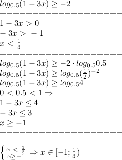 log_{0.5}(1-3x) \geq -2\\
===================\\
1-3x\ \textgreater \ 0\\
-3x\ \textgreater \ -1\\
x\ \textless \ \frac{1}{3} \\
===================\\
log_{0.5}(1-3x) \geq -2\cdot log_{0.5}0.5\\
log_{0.5}(1-3x) \geq log_{0.5}( \frac{1}{2} )^{-2}\\
log_{0.5}(1-3x) \geq log_{0.5}4\\
0\ \textless \ 0.5\ \textless \ 1 \Rightarrow \\
1-3x \leq 4\\
-3x \leq 3\\
x \geq -1\\
===================\\\\
 \left \{ {{x\ \textless \ \frac{1}{3}} \atop {x \geq -1}} \right. \Rightarrow
x \in [-1; \frac{1}{3} )