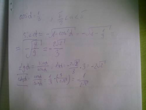 Найти sin α, tg α и ctg α,если cos α=1/3,а π/2