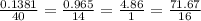 \frac{0.1381}{40} = \frac{0.965}{14} =\frac{4.86}{1} = \frac{71.67}{16}