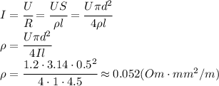 I= \cfrac{U}{R} = \cfrac{US}{\rho l} = \cfrac{U \pi d^2}{4\rho l} 
\\\
\rho= \cfrac{U \pi d^2}{4Il} 
\\\
\rho= \cfrac{1.2 \cdot3.14\cdot0.5^2 }{4\cdot1\cdot4.5} \approx0.052(Om\cdot mm^2/m)