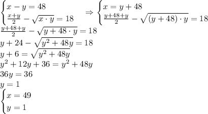 \begin{cases}x-y=48\\\frac{x+y}2-\sqrt{x\cdot y}=18\end{cases}\Rightarrow\begin{cases}x=y+48\\\frac{y+48+y}2-\sqrt{(y+48)\cdot y}=18\end{cases}\\
\frac{y+48+y}2-\sqrt{y+48\cdot y}=18\\
y+24-\sqrt{y^2+48y}=18\\y+6=\sqrt{y^2+48y}\\y^2+12y+36=y^2+48y\\36y=36\\y=1\\\begin{cases}x=49\\y=1\end{cases}