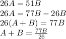 26A=51B\\
26A=77B-26B\\
26(A+B)=77B\\
A+B=\frac{77B}{26}

