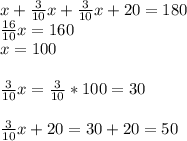 x+ \frac{3}{10}x+ \frac{3}{10}x+20=180 \\ 
 \frac{16}{10}x=160 \\ 
x=100 \\ \\ 
\frac{3}{10}x=\frac{3}{10}*100=30 \\ \\ 
\frac{3}{10}x+20=30+20=50
