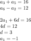 a_{3}+a_{5}=16\\
a_{6}-a_{2}=12\\\\
2a_{1}+6d=16\\
4d=12\\
d=3\\
a_{1}=-1