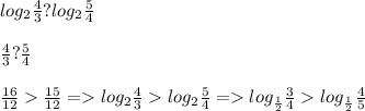 log_{2} \frac{4}{3} ?log_{2} \frac{5}{4} \\ \\ \frac{4}{3}? \frac{5}{4} \\ \\ \frac{16}{12}\frac{15}{12} = log_{2} \frac{4}{3} log_{2} \frac{5}{4} = log_{ \frac{1}{2} } \frac{3}{4} log_{ \frac{1}{2} } \frac{4}{5}
