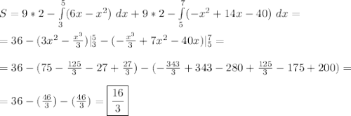 S = 9*2 - \int\limits^{5}_{3} (6x - x^2) \ dx + 9*2 - \int\limits^{7}_{5} (-x^2+14x-40) \ dx =\\\\
= 36 - (3x^2 - \frac{x^3}3)|\limits^{5}_{3} - (- \frac{x^3}3 + 7x^2 - 40x)|\limits^{7}_{5}=\\\\
= 36 - (75 - \frac{125}3 - 27 + \frac{27}3) - (- \frac{343}3 + 343 - 280 + \frac{125}3 - 175+ 200) =\\\\ = 36 - (\frac{46}{3}) - (\frac{46}{3}) = \boxed{\frac{16}{3}}

