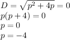 D=\sqrt{p^2+4p}=0\\
p(p+4)=0\\
p=0\\p=-4