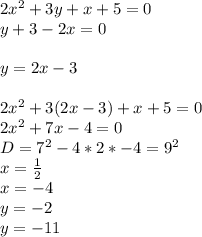 2x^2+3y+x+5=0\\
y+3-2x=0\\\\
y=2x-3\\\\
2x^2+3(2x-3)+x+5=0\\
2x^2+7x-4=0\\
D=7^2-4*2*-4=9^2\\
x=\frac{1}{2}\\
x=-4\\
y=-2\\
y=-11
