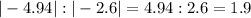 |-4.94|:|-2.6|=4.94:2.6=1.9
