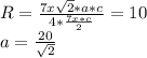 R=\frac{7x\sqrt{2}*a*c}{4*\frac{7x*c}{2}}=10\\
a=\frac{20}{\sqrt{2}}