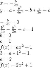 x=-\frac{b}{2a}\\
y=a*\frac{b^2}{4a^2}-b*\frac{b}{2a}+c \\\\
-\frac{b}{2a}=0\\
\frac{b^2}{4a}-\frac{b^2}{2a}+c=1\\
b=0\\
c=1\\
f(x)=ax^2+1\\
3=a*1^2+1\\
a=2\\
f(x)=2x^2+1
