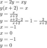 x-2y=xy \\
 y(x+2)=x\\
 y=\frac{x}{x+2}\\
 y=\frac{x+2-2}{x+2}=1-\frac{2}{x+2}\\
x=-1\\
x=0\\
y=-1\\
y=0