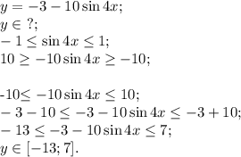 y=-3-10\sin4x;\\
y\in\ ?;\\
-1\leq\sin4x\leq1;\\
10\geq-10\sin4x\geq-10;\\

-10\leq-10\sin4x\leq10;\\
-3-10\leq-3-10\sin4x\leq-3+10;\\
-13\leq-3-10\sin4x\leq7;\\
y\in[-13;7].