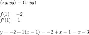 (x_{0};y_{0})=(1;y_{0})\\\\ f(1)=-2\\ f'(1)=1\\\\ y=-2+1(x-1)=-2+x-1=x-3