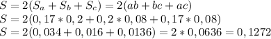 S=2 (S_a +S_b+S_c)=2(ab+bc+ac) \\ 
S=2( 0,17*0,2+0,2*0,08+0,17*0,08) \\ S=2(0,034+0,016+0,0136)=2*0,0636=0,1272