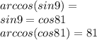 arccos(sin9)=\\
sin9=cos81\\
arccos(cos81)=81